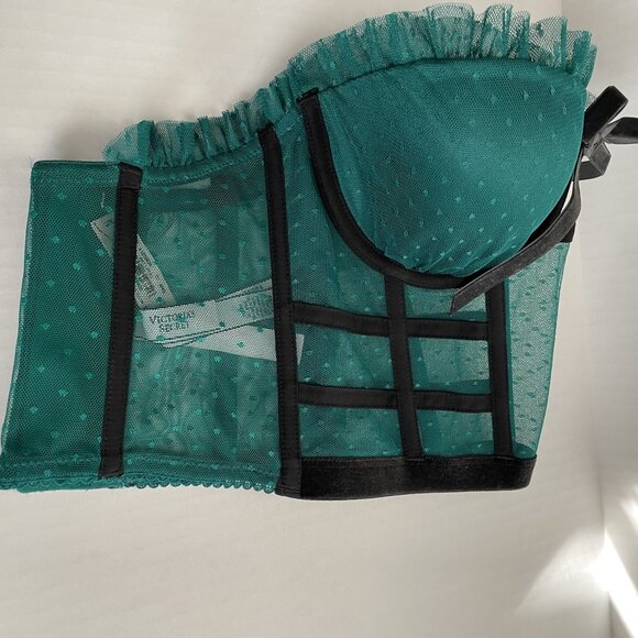 Victoria Secret Bra 32C Dream Angels Bustier Long Line Green Black Boned Ruffle - Picture 13 of 14